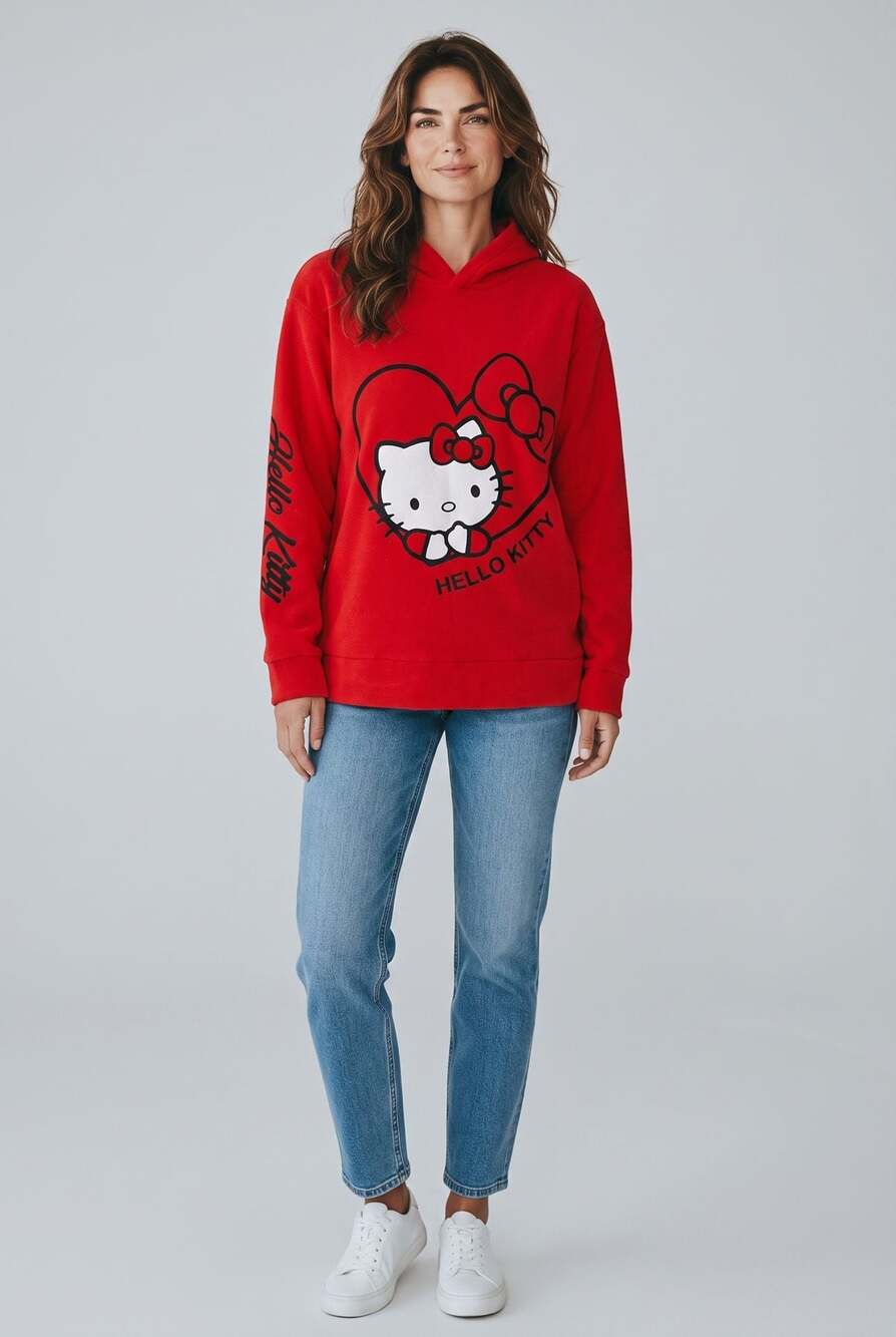 Hello Kitty Red Fleece Hoodie Sweatshirt with Heart and Sleeve Graphic
